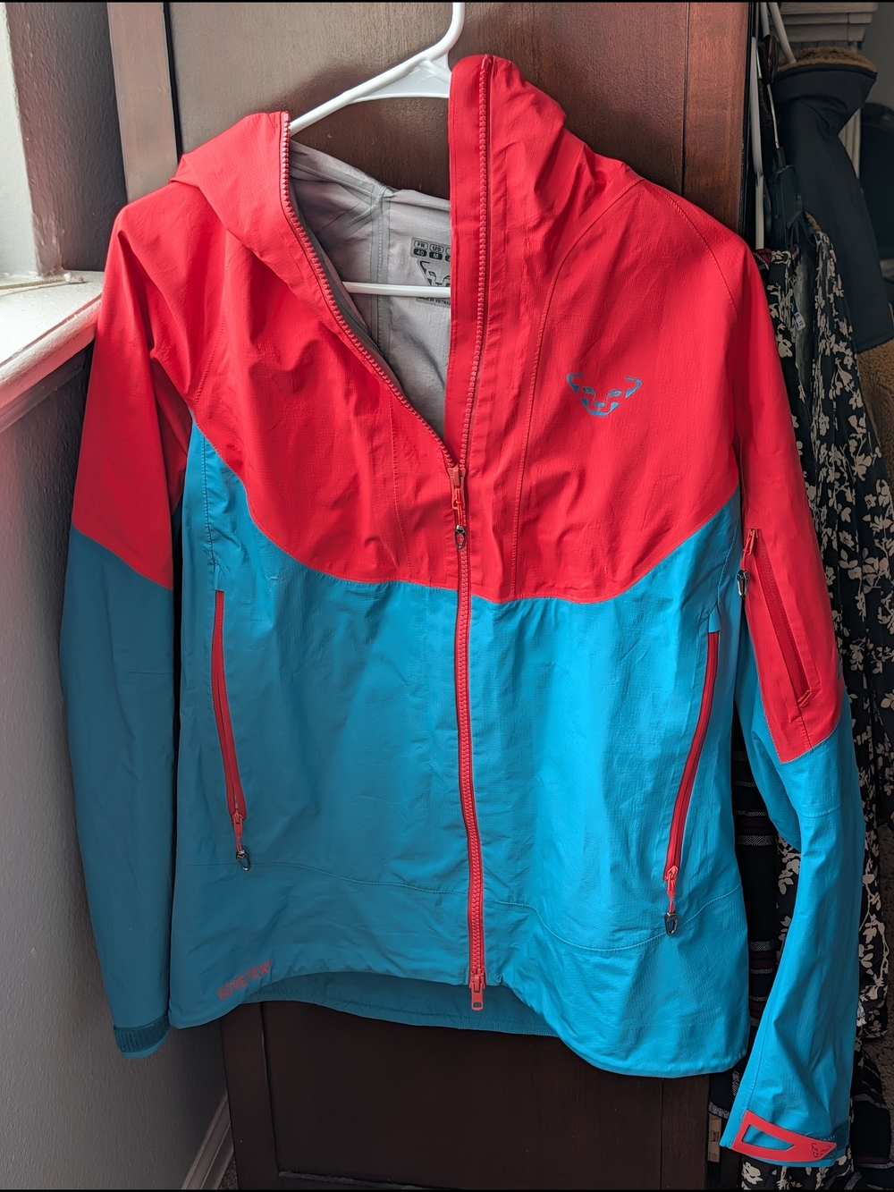 Dynafit Women's Two-Tone Coral & Turquoise Waterproof Jacket with Hood